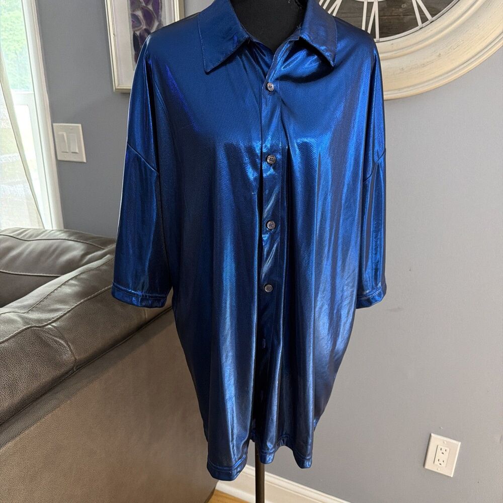Hoax ︱Blue Shirt ︱80s 90s ︱X-LARGE Mens Shirt︱Metallic︱ Button Down︱Vintage︱Club